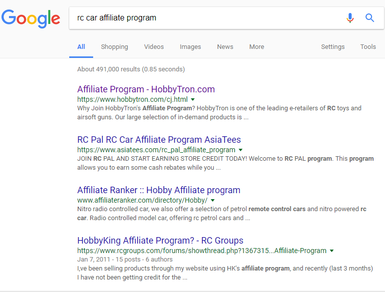 Google results for rc car affiliate programs